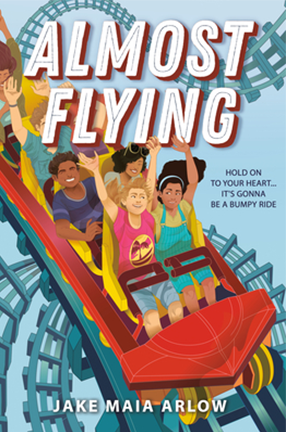 A book cover with a graphic roller coaster on it and the words "Almost Flying"