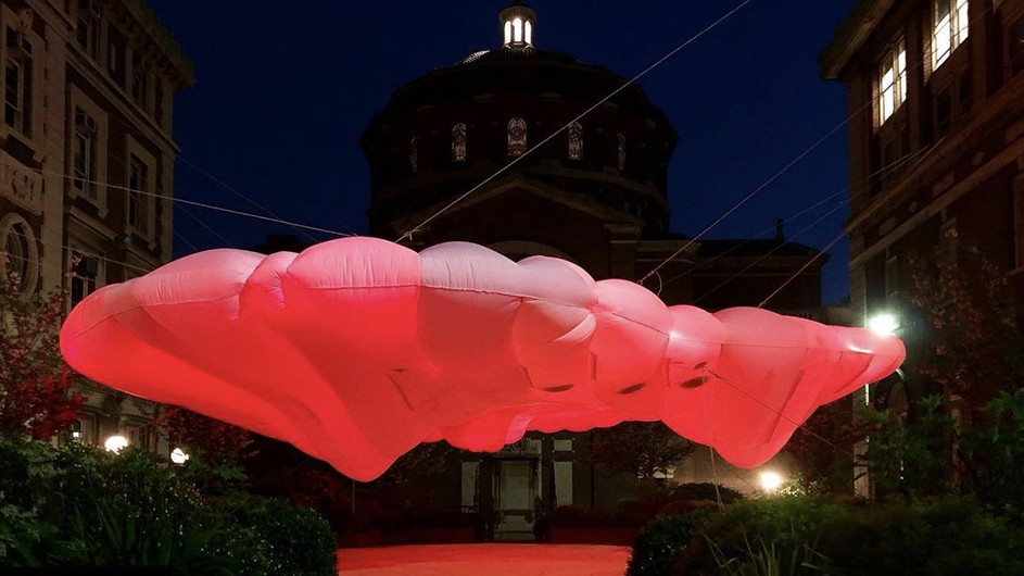 Avery SPOT Pavilion, a temporary, inflatable, GSAPP-student-designed installation hovers over the space between Avery, Fayerweather, and Schermerhorn halls on the Morningside campus. Avery SPOT Pavilion, Columbia University