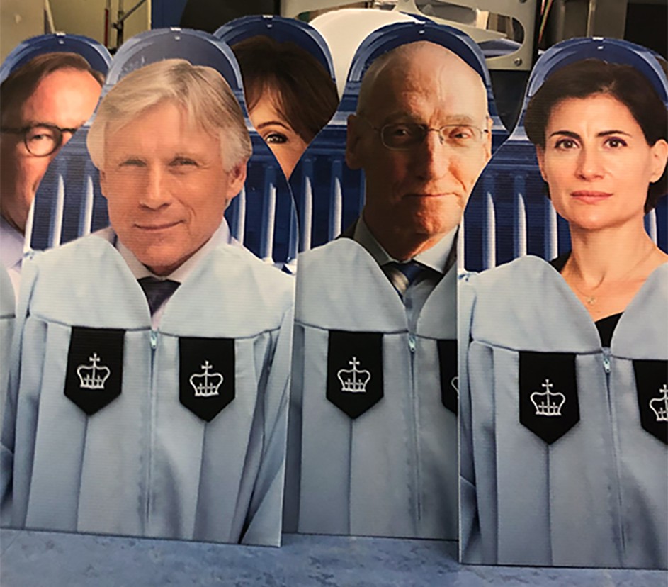 Cardboard cutouts of Lee C. Bollinger and Columbia deans.