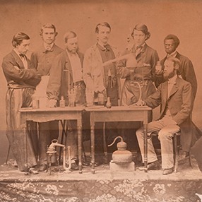 Photographer unknown, Class of 1860, Department of Chemistry, Columbia College, ca. 1857–60. Salted paper print. Art Properties, Avery Architectural & Fine Arts Library, Chandler Chemical Museum Collection. Chemistry Class of 1860, Art Properties, Columbia University