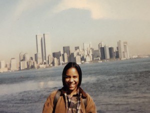 Christina Greer with Twin Towers in the background, 1996