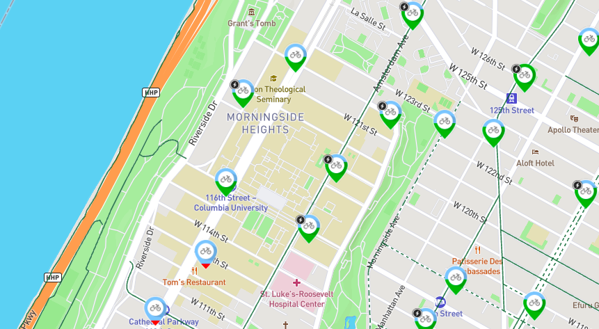 Map of Citi Bike corrals around Columbia's Morningside Campus. 