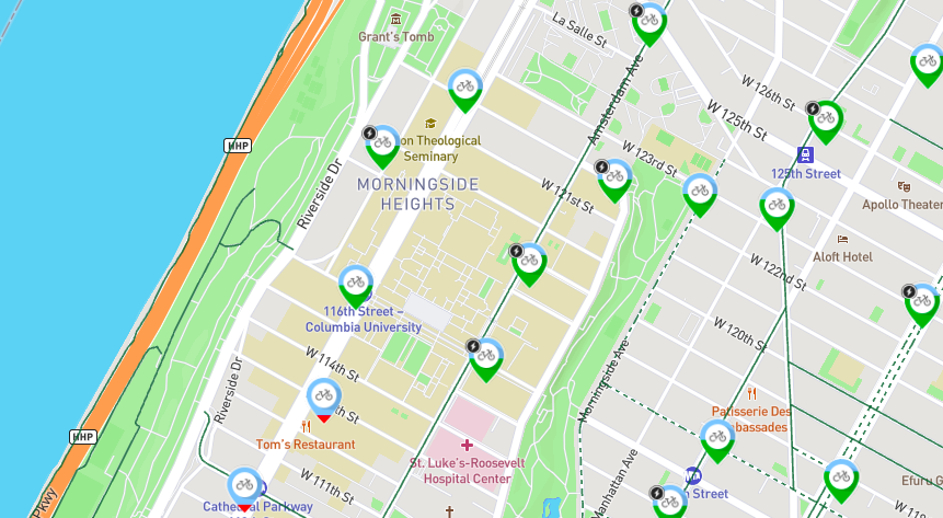 Citi Bike corrals surround Columbia's Morningside Campus, making it easy to find a ride share if you're a subscriber of the service. Map of Citi Bike corrals around Columbia's Morningside Campus.