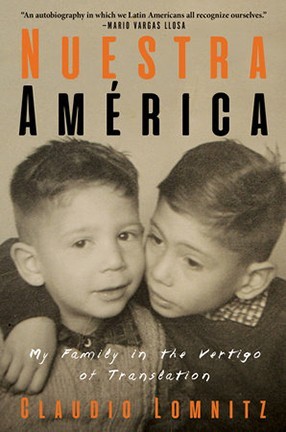 A book cover with two young boys hugging and the text "Nuestra America"