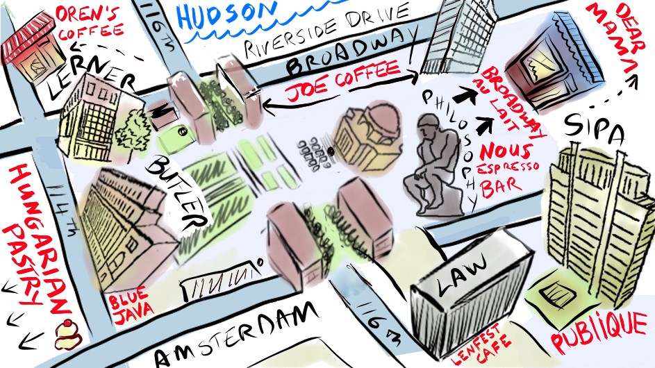 Illustration by Nicoletta Barolini. An illustrated map of Morningside campus coffee spots.