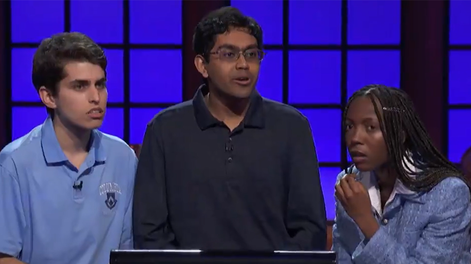 Courtesy Shomik Ghose. Columbia University students: Jake Fisher, Shomik Ghose, and Tamarah Wallace on the College Bowl quiz show.