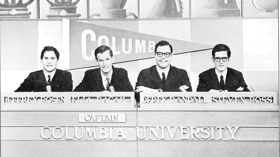 Columbia University's 1966-67 championship College Bowl team featuring Elia Racah (CC'67), Derek Randall (CC'67), Jeffrey Rosen (CC’68), and Steven Ross (CC'68). Four Columbia University competitors in 1967.
