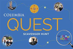 A blue poster with the word "QUEST" and a compass.