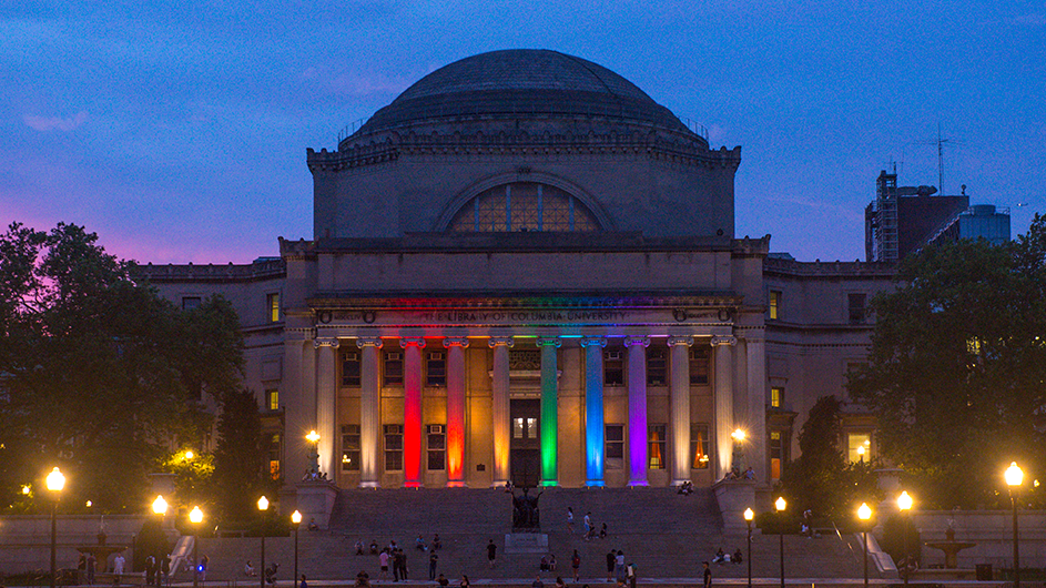Low Library at Columbia University is lit up in Rainbow colors, known as “RainLow.”