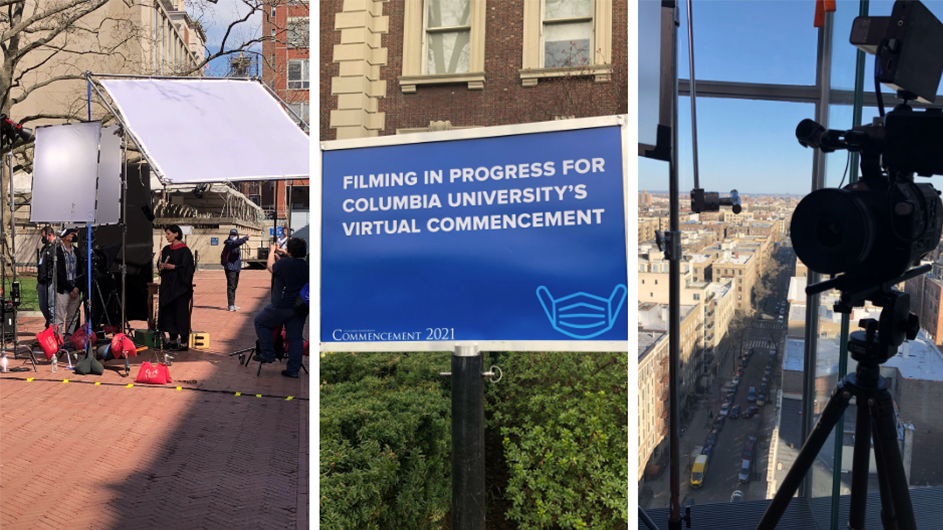 Three images depicting the filming of Commencement on Columbia's campus.