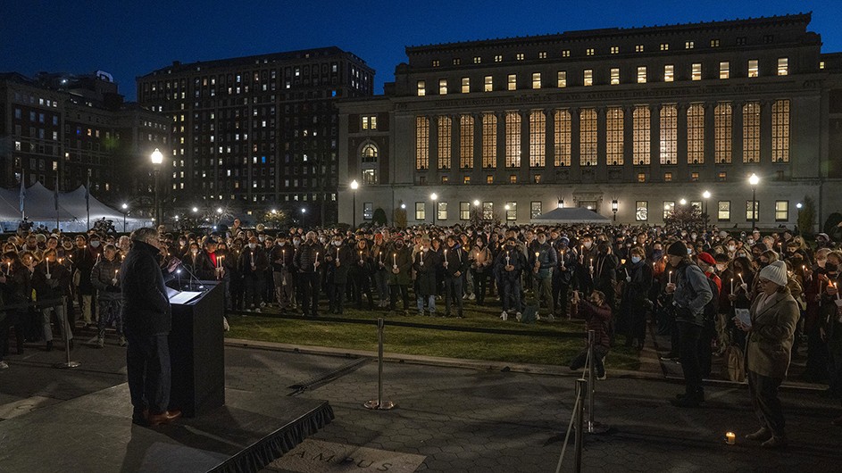 Columbia President Lee C. Bollinger speaks at a vigil for Davide Giri on Dec. 3, 2021. Photo by Lynn Saville. Hundreds of students gathered on Friday, December 3 to remember Davide Giri.