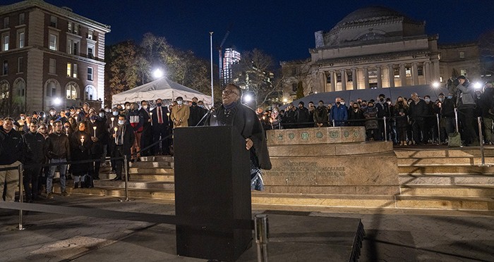 Columbia Trustee Wanda Holland Greene (CC'89, TC'91, TC'21) sings "Amazing Grace" at a vigil held on Dec. 3, 2021. Photo by Lynn Saville. Columbia Trustee Wanda Holland Greene (CC'89, TC'91, TC'21) sings "Amazing Grace" at a vigil held on Dec. 3, 2021.