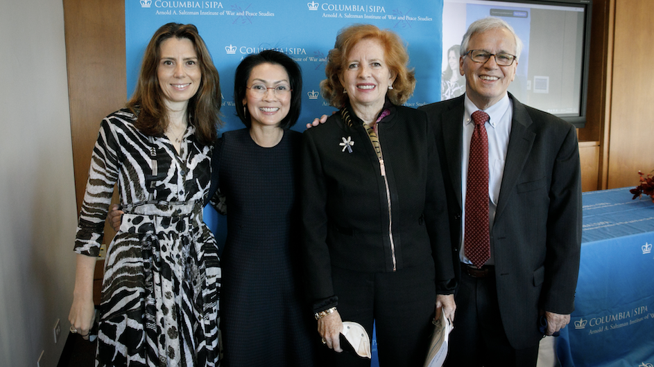 Professor Keren Yarhi-Milo, College and SIPA alumna Mila Tuttle, Dean Merit E. Janow, and Senior Research Scholar Peter Clement were on hand for the launch of the Saltzman Institute's new Emerging Voices program.
