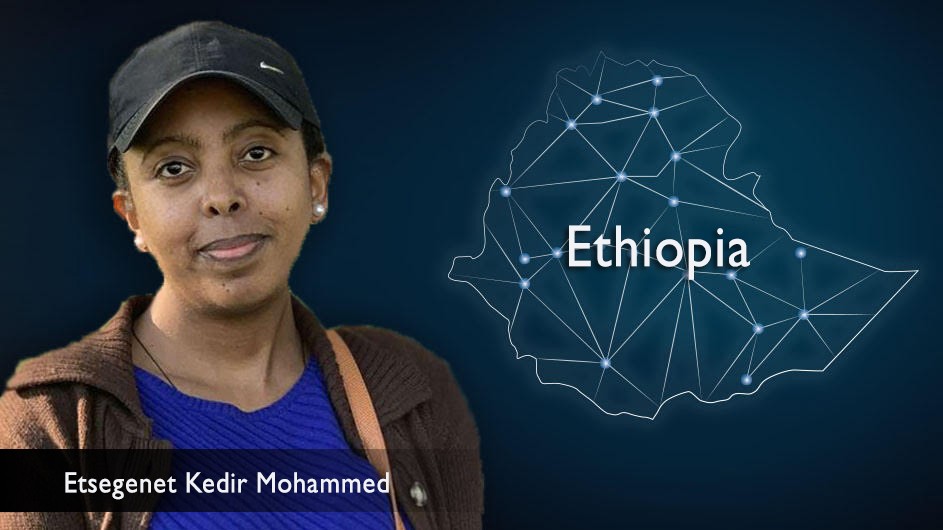 Etsegenet Kedir Mohammad pictured next to a map of Ethiopia.