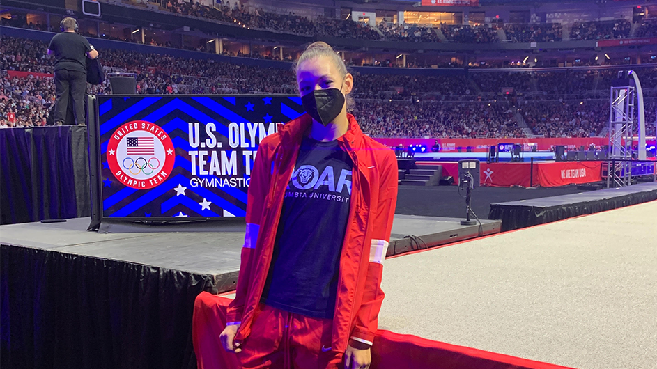 Evita Griskenas sports Columbia swag during the U.S. Olympic Qualifier in St. Louis. Courtesy Griskenas Family. Evita Griskenas