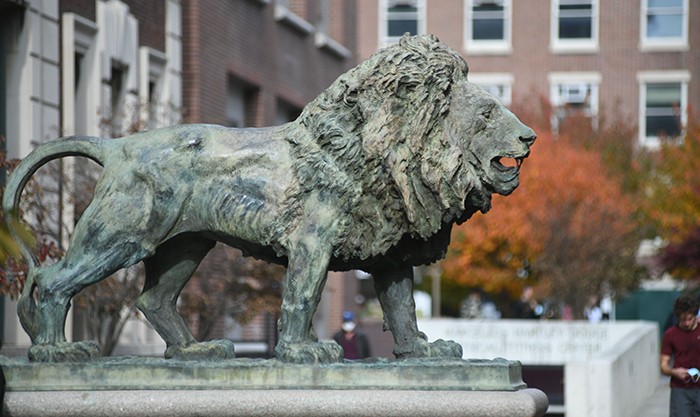 The Columbia lion statue with a burst of orange leaves.