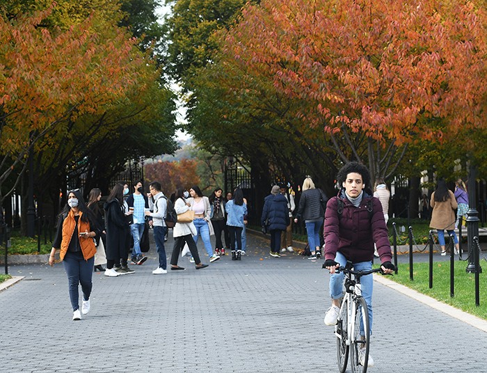 A person rides a bike through College walk with a sea of orange leaves behind him.