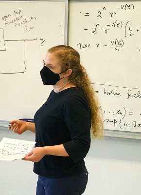 Columbia aerosol scientist Faye McNeill teaching with mask on. (Photo: Kim Martineau)