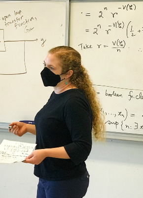 An expert in aerosols, Faye McNeill thinks more about indoor air quality post-Covid. (Photo: Kim Martineau) Columbia aerosol scientist Faye McNeill teaching with mask on. (Photo: Kim Martineau)