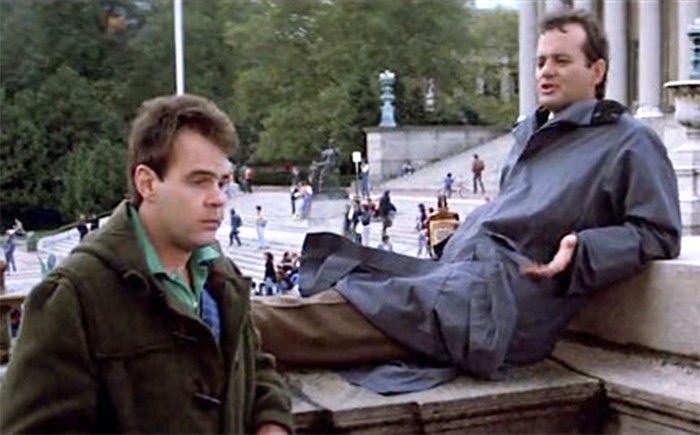 Dan Akroyd as Dr. Ray Stantz and Bill Murray as Dr. Peter Venkman chilling near Low Steps in "Ghostbusters" (1984). Bill Murray and Dan Akroyd near Low Steps.