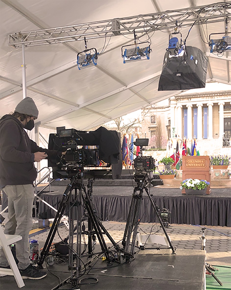 Filming under a tent in front of Low Library. 