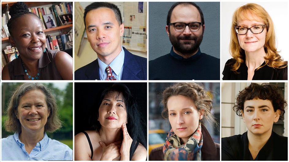 Top, left to right: Farah Jasmine Griffin, Jason Nieh, Askhan Behzadi, and Paige West. Bottom, left to right: Sidney R. Hemming, Miya Masaoka, Zosha Di Castri, and Kate Zambreno. Eight Columbia University professors who won 2021 Guggenheim fellowships.