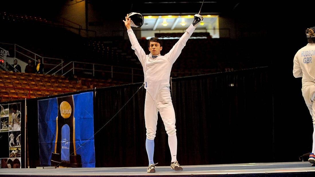 Jake Hoyle in 2015. Courtesy Columbia Athletics. Jake Hoyle in fencing attire.
