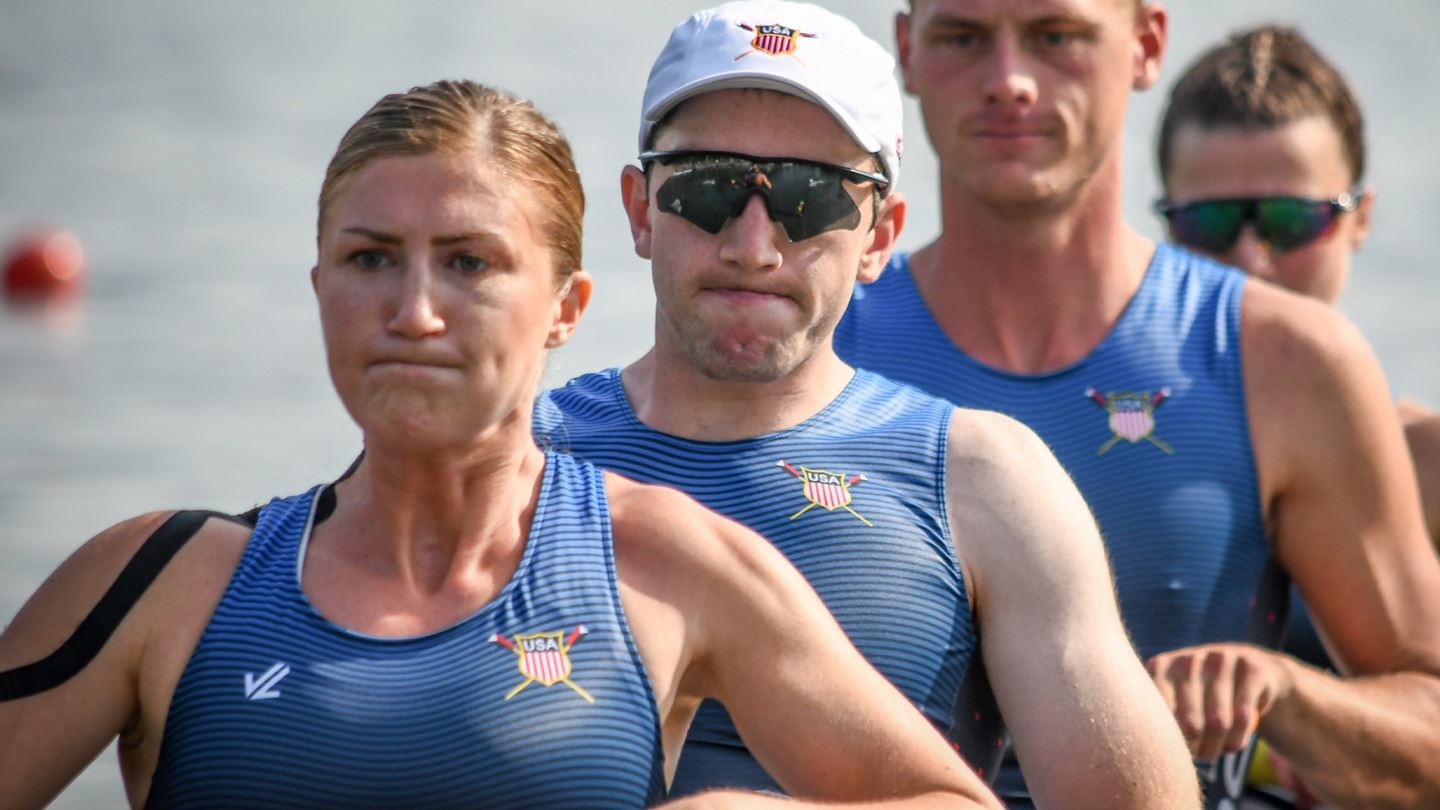 John Tanguay, center, rowing. 