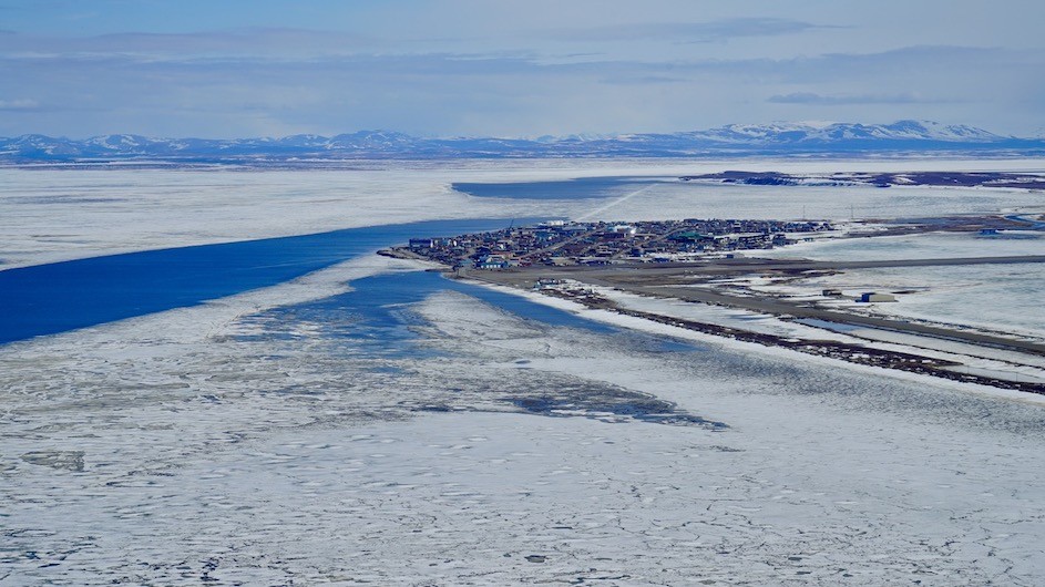 View of Kotzebue Sound in northwestern Alaska from an Unoccupied Aerial Vehicle used by Lamont-Doherty Earth Observatory researchers to track the impact of climate change on the sea ice in that region of Alaska. Researchers at Columbia's Lamont-Doherty Earth Observatory are studying the effect of climate change on Kotzebue Sound in Alaska.