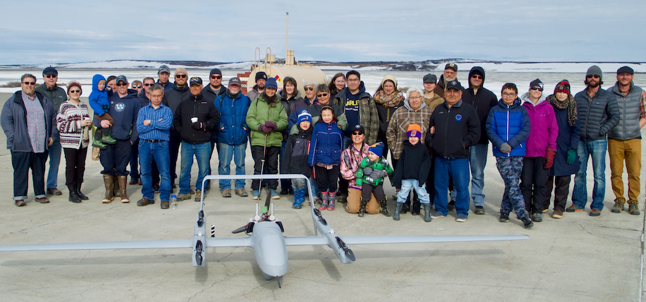 Team from Lamont-Doherty and Kotzebue community members with their Unoccupied Aerial Vehicle