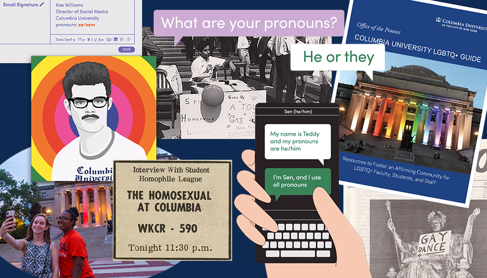 A collage of LGBTQ history images: a black and white photo of a student tabling for gay rights, an illustration on a rainbow backgrounf, students taking a photo in front of a rainbow-lit Low Library and others.