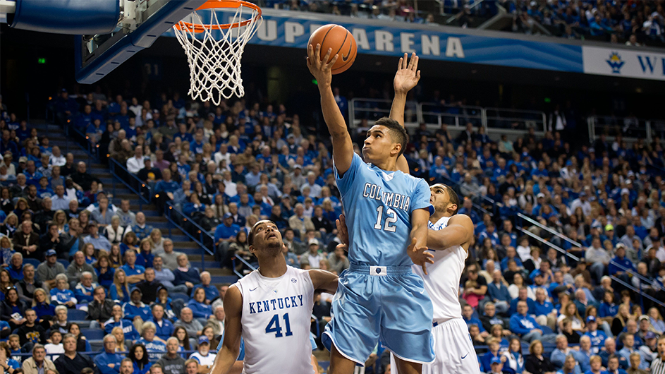 Maodo Lo, playing for Columbia Basketball. Courtesy Columbia University Athletics. Maodo Lo makes a basket.