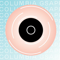 A GSAPP logo featuring a pink disk with a black center. 