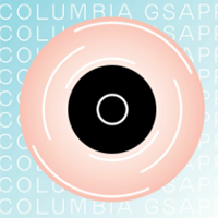 A GSAPP logo featuring a pink disk with a black center.