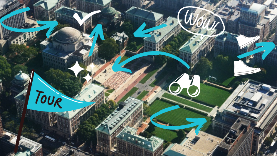 An aerial view of Morningside campus with arrows pointing to points of interest.