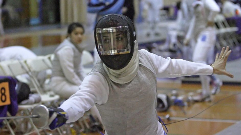 Nicole Ross fencing at Columbia. Courtesy Columbia Athletics. Nicole Ross in fencing gear.