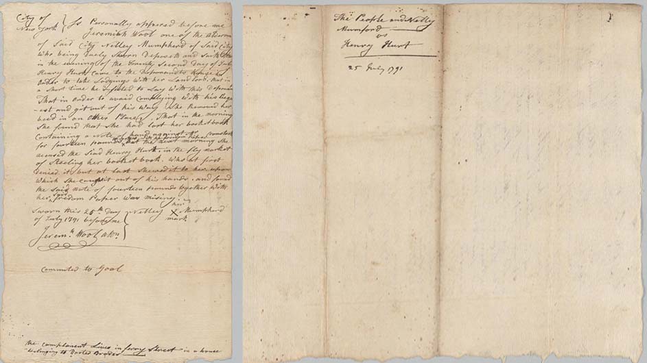 Recto and verso sides of a 1791 New York City Legal Deposition by Free African American Woman Nelley Mumpherd; collection of Rare Book and Manuscript Library, Columbia University. Document in collection of Columbia University Rare Book and Manuscript Library.