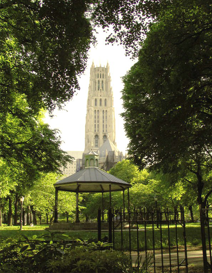 Sakura Park pavillion and Riverside Church. 