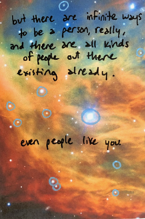 Excerpt from "Discovery of the Planet Pluto" by Columbia Blueshift member Sarah Graber. handwritten message on cosmic rainbow colored background