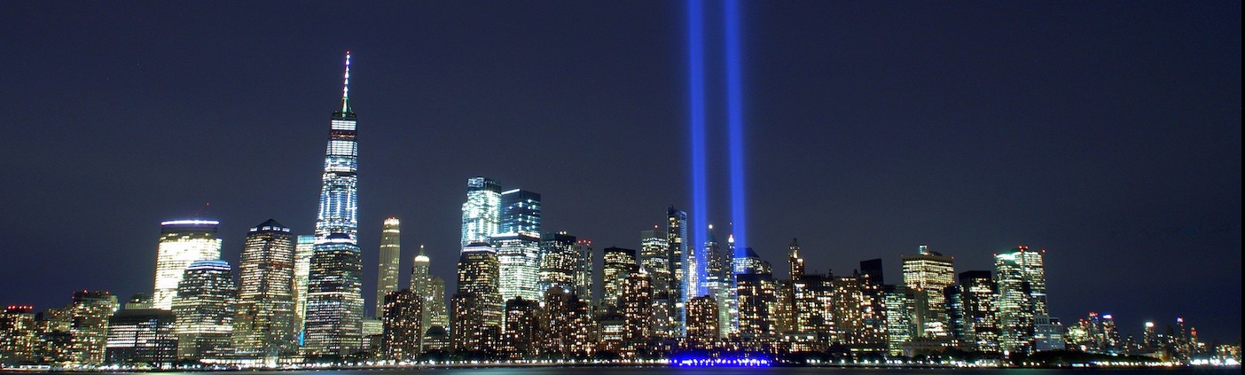 Towers of light at ground Zero commemorating September 11