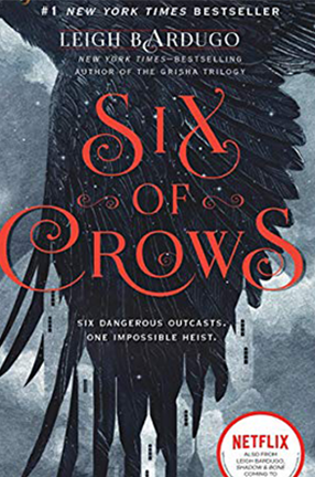 A book with a crow wing and the words "Six of Crows"