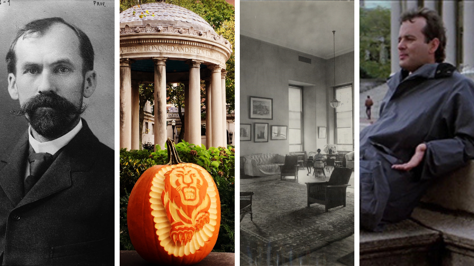 A collage of spooky Coumbia-related things: James Hyslop, a Lion-carved pumpkin, Philosophy Hall, and Bill Murray in Ghostbusters.