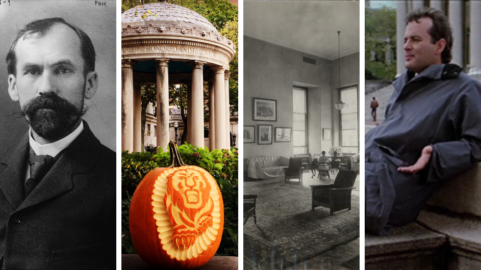 A collage of spooky Coumbia-related things: James Hyslop, a Lion-carved pumpkin, Philosophy Hall, and Bill Murray in Ghostbusters. 