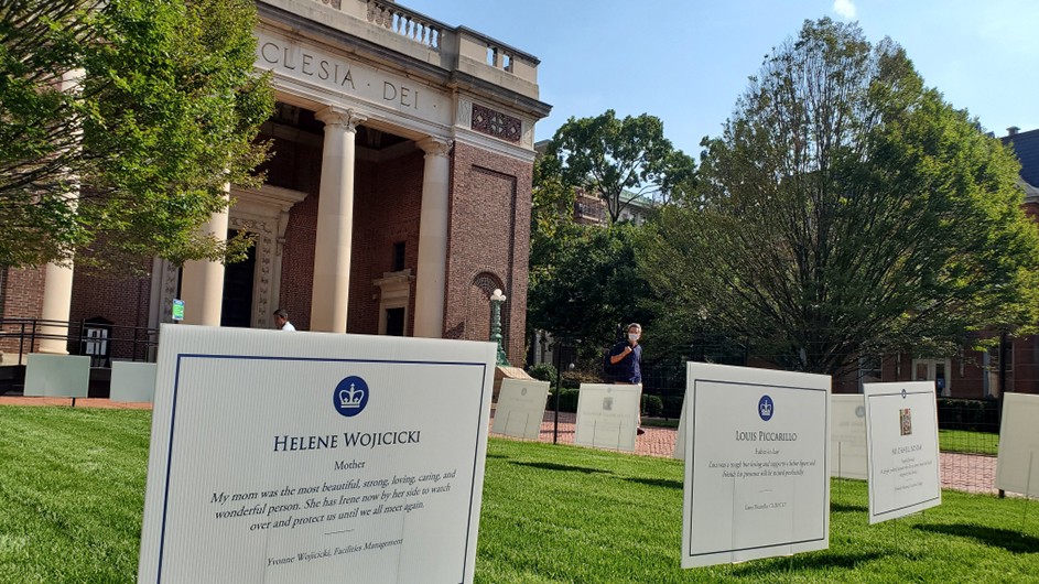 Photo by Tessa McGowan A view of the memorials on the lawn in front of St. Paul's Chapel