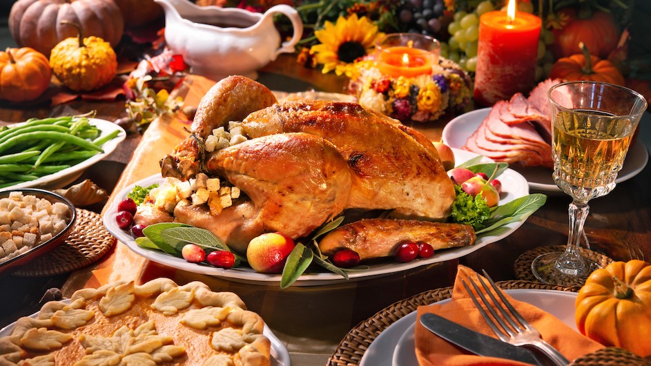 Thanksgiving turkey, sides, and pie