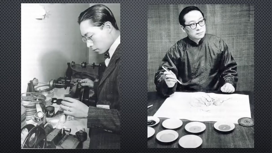 Wango Weng selecting film footage circa 1947, on the left, and demonstrating the art of Chinese landscape painting circa 1946, on the right. Wango Weng, who donated his film collection to Columbia University.