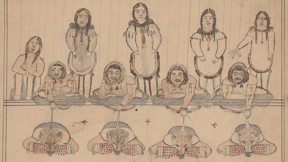 Unknown artist, Inupiaq/Inupiat, Alaska, ‘Wolf Dance: The Transformation of the Eagles into Wolves,’ 1890s, pencil, brown and red ink, and wash on paper. Wolf Dance, Alaska, Columbia University Art Properties