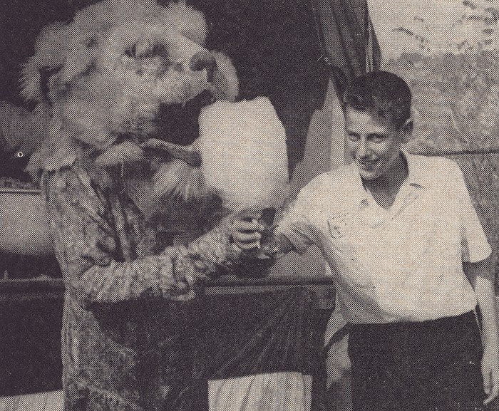 A lion mascot shares cotton candy with a boy. 