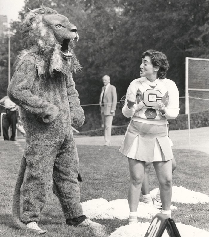 Columbia University Archives The Columbia Lion mascot talks with a cheerleader