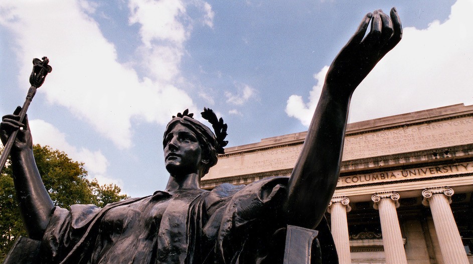 Alma Mater statue in front of Low on Columbia University's Morningside campus.